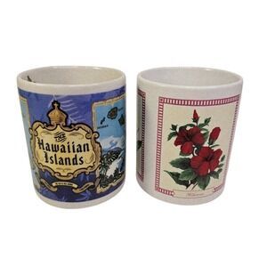 2 Hawaiian Hawaii Flowers Map Coffee Mugs Hilo Hattie Bird of Paradise Islands